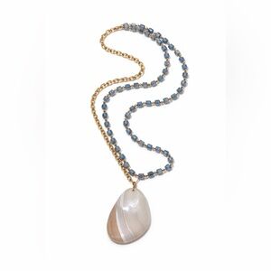 Gold and Blue Beaded Necklace with Pearlescent Pendant